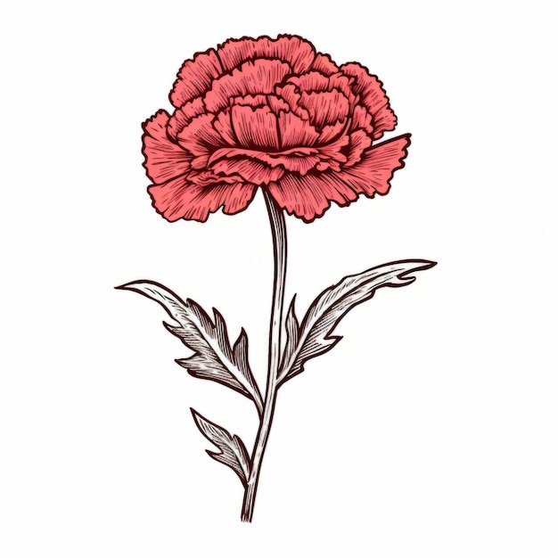 Photo red carnation flower drawing in pen and ink style