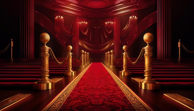 Red Carpet Bollywood Stage Maroon Steps Spot Light Backdrop of the Golden Regal Awards Generative ai