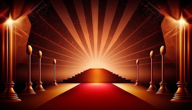 Red Carpet Bollywood Stage Steps Spot Lights Golden Royal Awards Graphics Background Generative ai