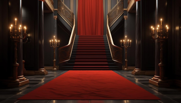 A red carpet in a dark room with a staircase leading to the top.