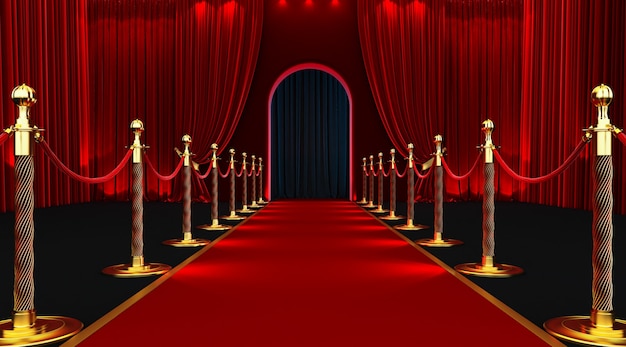 Red carpet entrance with barriers and velvet ropes.