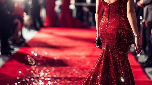 Photo red carpet glamour a woman in a sparkling red gown