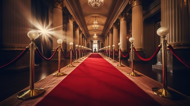 Red carpet and golden barriers Created with Generative Ai technology