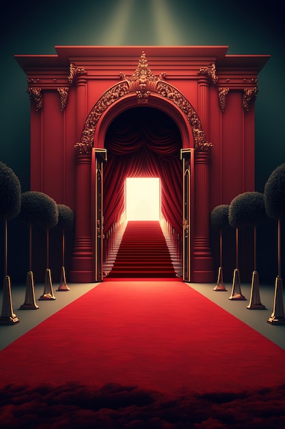 Red carpet leading to the red gate at night. 3D rendering