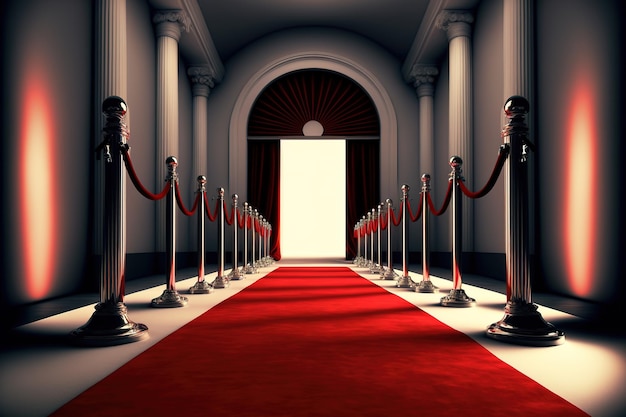 Red carpet leading to the red gate at night. 3D rendering