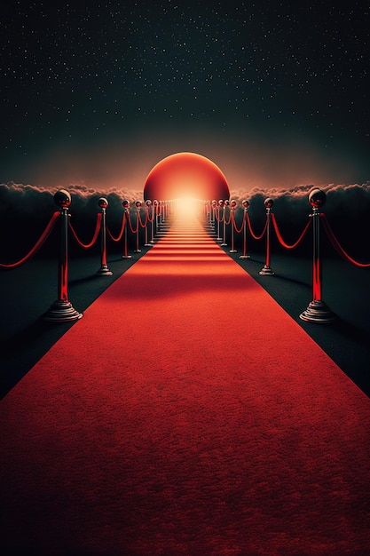 Red carpet leading to the red gate at night. 3D rendering