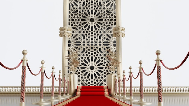 Red carpet and path barriers leading to arabesque wall Luxury entrance to vip event or celebrity party VIP