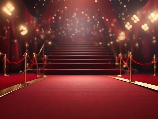 Red carpet rolling out in front of glamorous movie premiere background