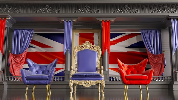 Red carpet with barriers leading to the UK throne queen throne with UK flag in the background 3D render