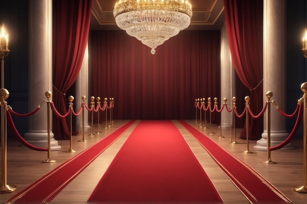 a red carpet with a chandelier hanging from the ceiling