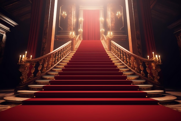 A red carpet with gold accents is set up in a dark room