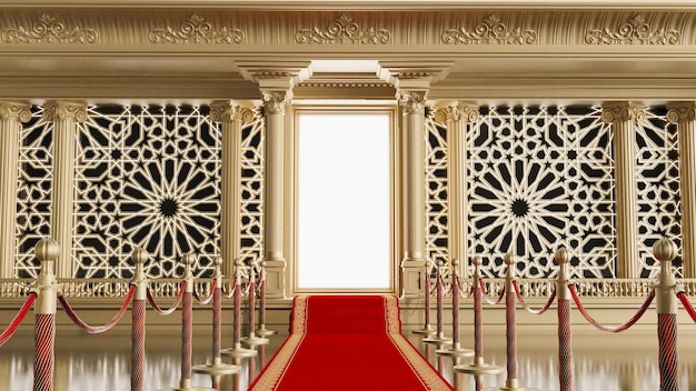 Red carpet with gold barriers leading to a shining gate with columns pillar and arabesque style