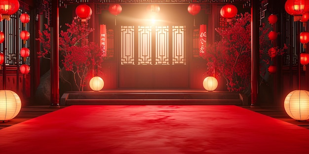 A red carpet with lanterns and a red carpet on the floor and a red carpet on the floor and a red