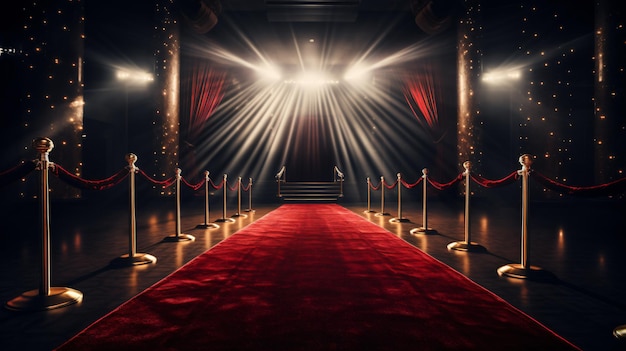 a red carpet with a red carpet and a red carpet with the lights on