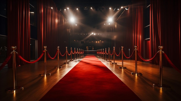 a red carpet with a red carpet and red carpet with the lights on