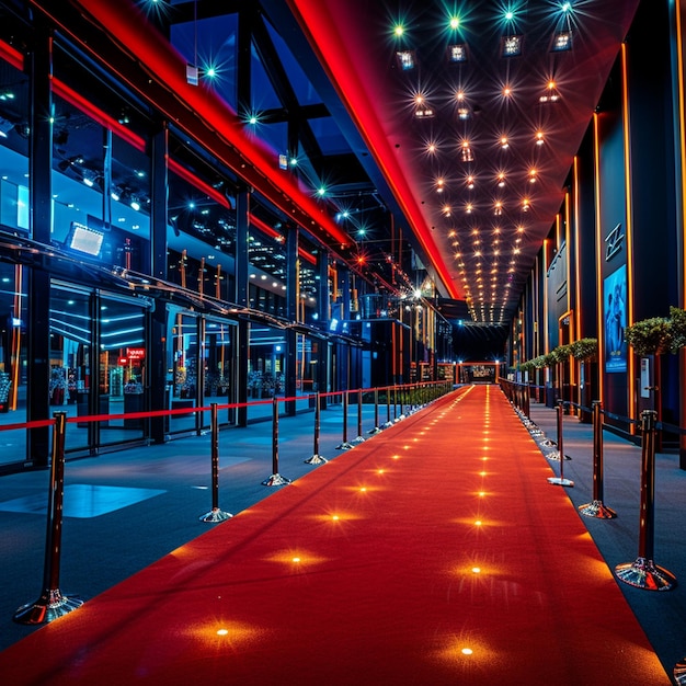 Red Carpeted Hallway Illuminated with Lights Cinematic Scene