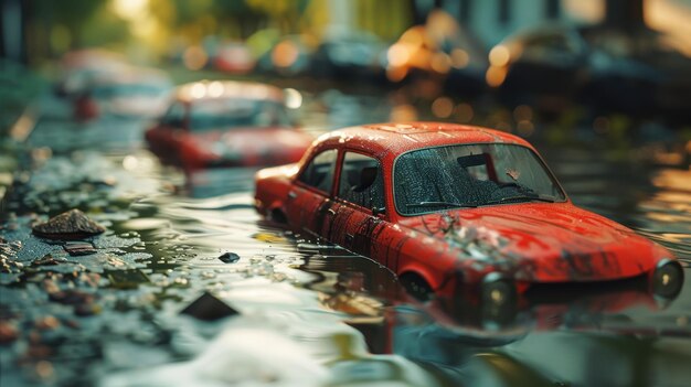 Photo red cars submerged in flooded urban street during a rainy day