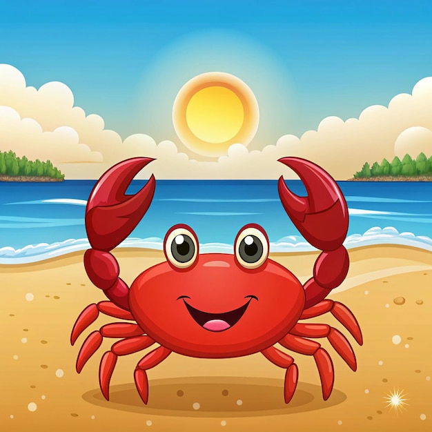 Photo red cartoon smiling crab on a beach