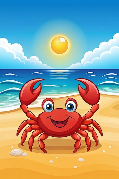 Photo red cartoon smiling crab on a beach