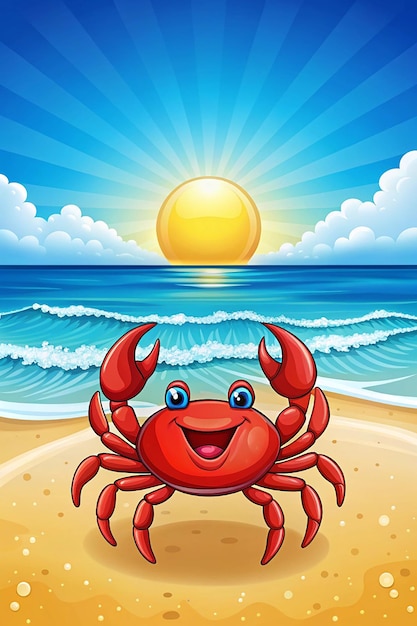 Photo red cartoon smiling crab on a beach