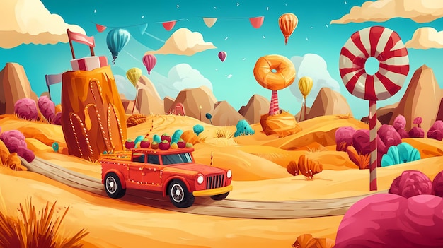 Photo a red cartoon truck drives through a whimsical landscape filled with candy cake and lollipop trees with hot air balloons flying overhead