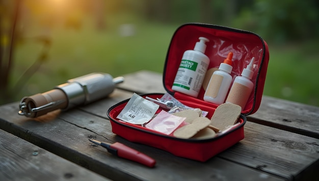 Photo a red case with bottles of soap and a bottle of shampoo