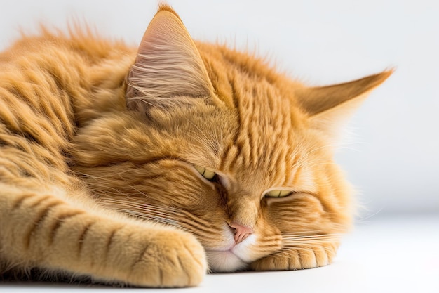 Red cat dozing on a white backdrop