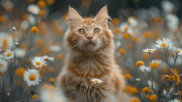 a red cat sits in a field of flowers with a yellow flower in the foreground