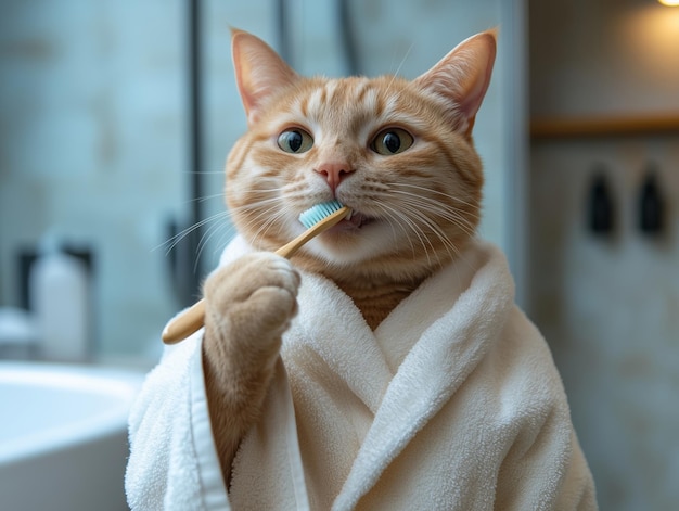 A red cat wearing a bathrobe brushing its teeth in the bathroom in the style of a real photo