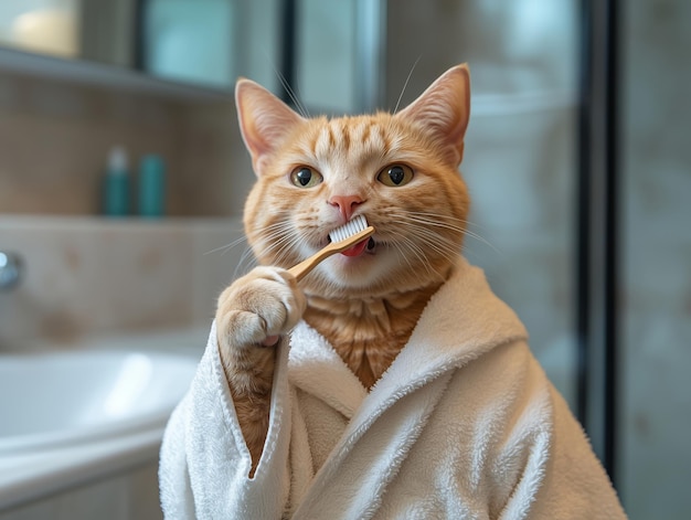 A red cat wearing a bathrobe brushing its teeth in the bathroom in the style of a real photo