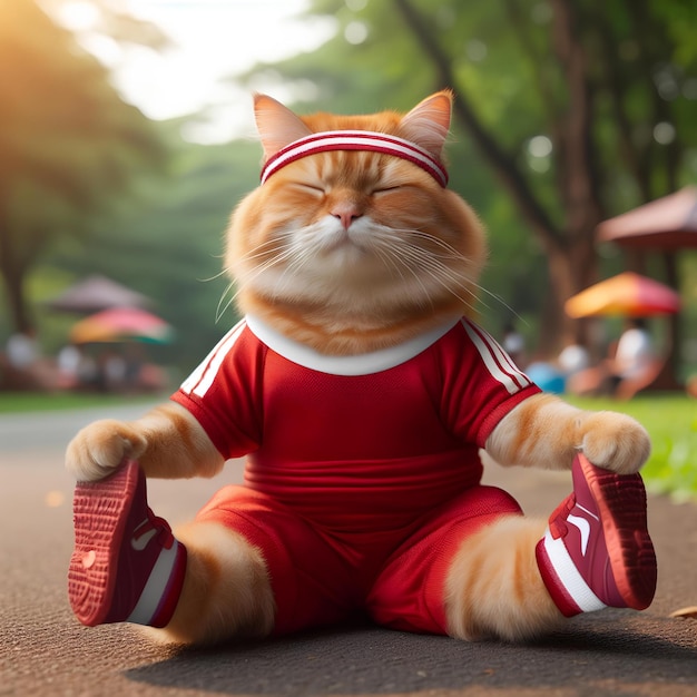 red cat wearing sport clothes make yoga in the public park