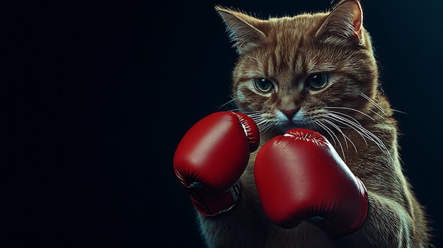 Red cat with boxing gloves on a black background Copy space