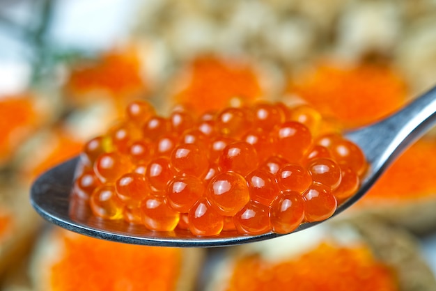 Red Caviar. Caviar in spoon. Gourmet food. Appetizer