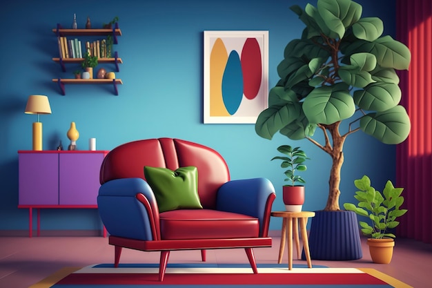 Red chair and blue carpet near couch in colorful living room interior with ficus and posters