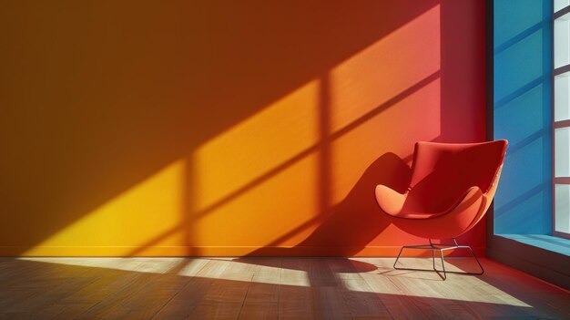 Photo red chair by window with colorful wall and wood floor