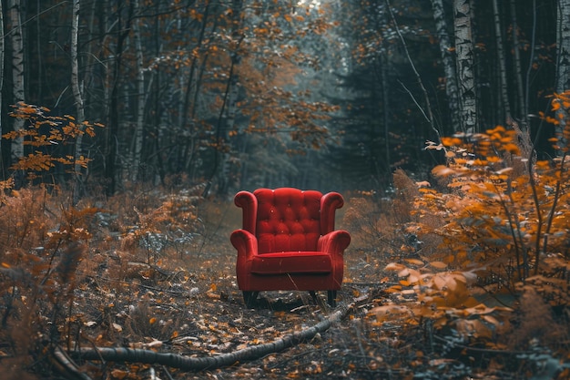 red chair in forest Concept of comfort silence tranquility in nature trees and dappled sunlight