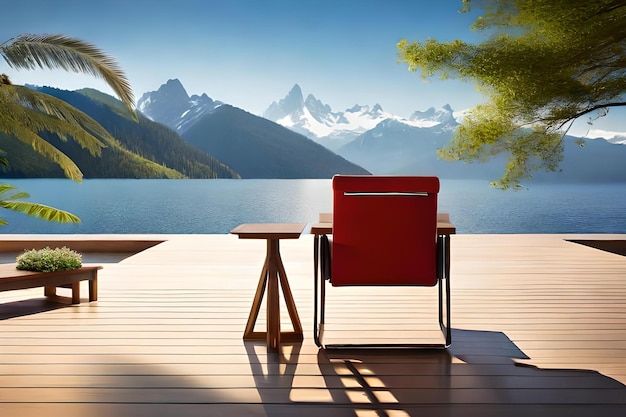 A red chair sits on a deck overlooking a mountain landscape.