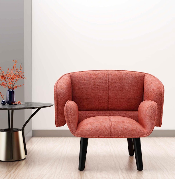 A red chair sits in front of a small table with a vase of flowers on it.