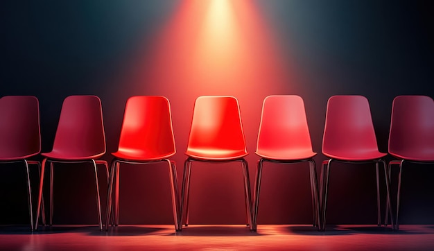 Red chair under spotlight in dark room concept of leadership and success