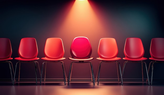 Red chair under spotlight in dark room concept of leadership and success