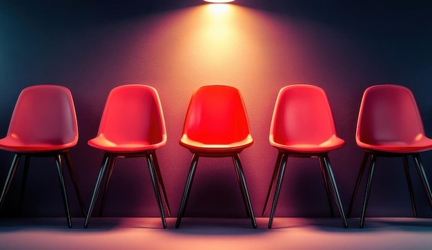 Red chair under spotlight in dark room concept of leadership and success