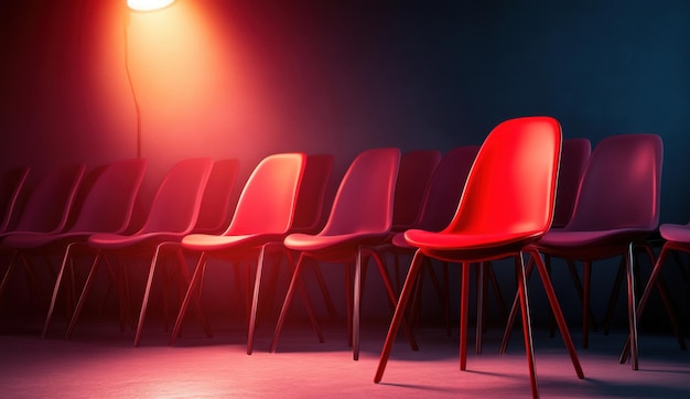 Red chair under spotlight in dark room concept of leadership and success