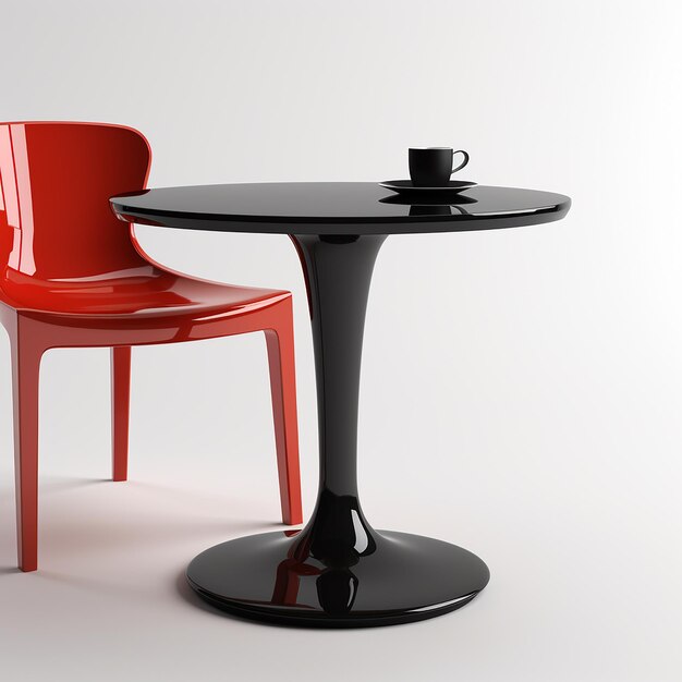 a red chair and table with a cup of coffee on it