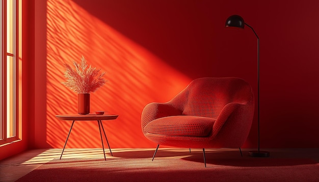 Photo a red chair and a table with a potted plant on it