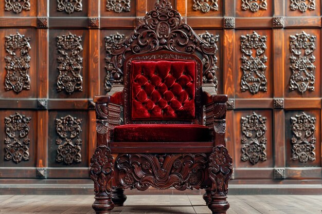 Photo a red chair with a gold frame sitting on top of a hardwood floor ai photo