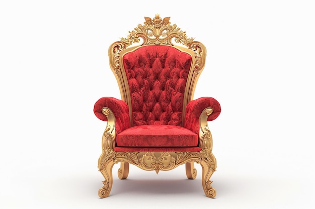 a red chair with a gold frame sitting on top of a hardwood floor Ai photo