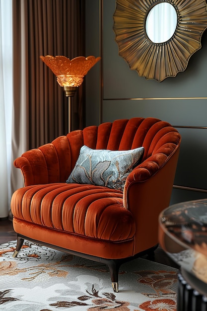 a red chair with a pillow on it sits in front of a lamp