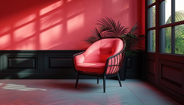 Photo a red chair with a plant in the corner of it