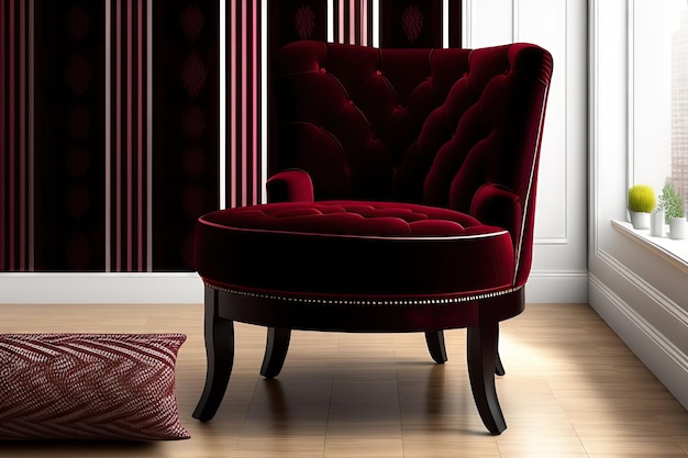 a red chair with a red cushion sits on a wooden floor.