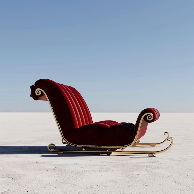 a red chair with a spiral design sits in the sand